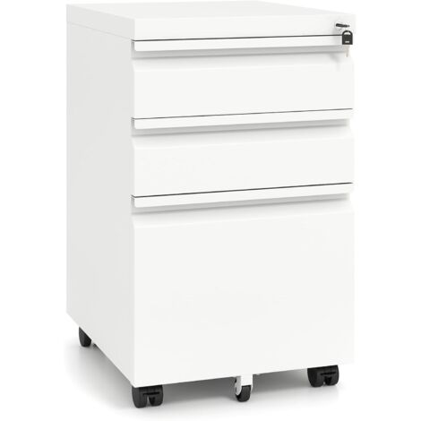 Caisson de Bureau, Caisson à Roulette avec Frein, 3 Tiroirs, Casier Verrouillable, Métal, Dossier Suspendu A4, Boîte de Rangement, pour Fichier, Blanc (1/5)