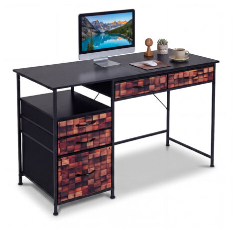 Bureau d’Ordinateur de 120 cm, Bureau avec Rangement, Étagère, Tiroirs en Tissu, Cadre Métallique, Kits Anti-Basculement, pour Petit Espace, Noir (1/5)
