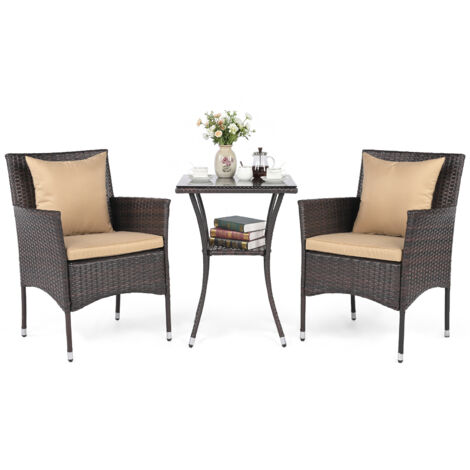 Salon de Jardin 3 PCS en Osier PE, 2 Chaises Rembourrées et 1 Table Basse en Verre Trempé à 2 Niveaux, pour Balcon Jardin (Marron+Brun) (1/5)