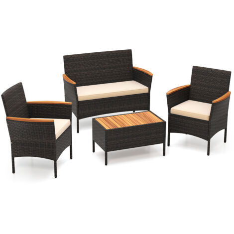 Salon de Jardin en Rotin 4 Pièces avec 2 Fauteuils et 1 Canapé 2 Places, Meubles de Jardin Exterieur avec Table Basse, Accoudoirs et Plateau en Bois (1/5)