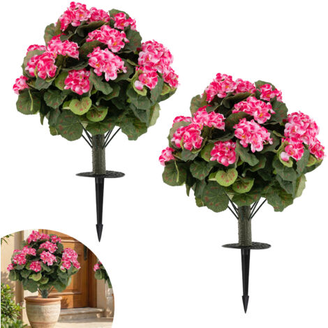 Lot de 2 Fleurs Artificielles Géraniums avec Piquets, 300 Feuilles 22 Fleurs Tronc PE Feuillage en Soie Vibrante, 33 x 57 cm, Rose (1/5)