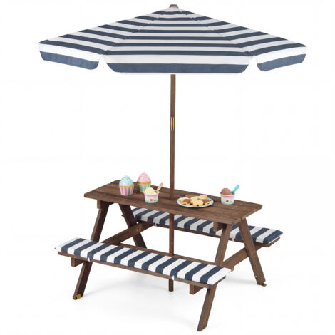 Table Exterieur Enfant en Bois avec 2 Bancs à Coussins, Table de Pic-nic avec Parasol Réglable&Amovible, pour 1-4 Enfants de 3-8 Ans