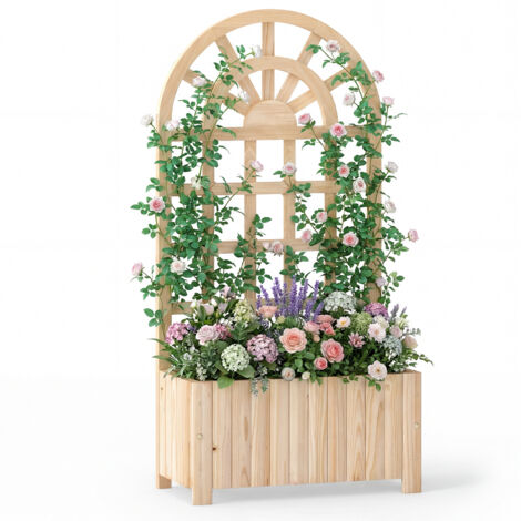 Jardinière en Bois avec Treillis, Lit de Jardin Surélevé avec Écran d'Intimité et Trou de Drainage, Bac à Fleurs Extérieur, 61 x 30 x 121 cm, Naturel
