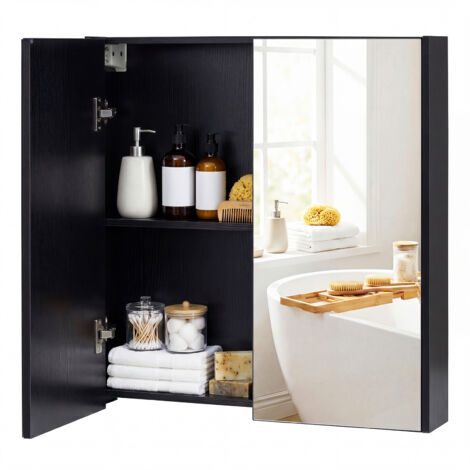Armoire Murale Salle de Bain avec Miroir, 62 x 65 cm, Meuble Salle de Bain, Placard à 2 Niveaux, Installation en Saillie ou Encastrée, Noir