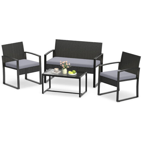 Salon de Jardin Exterieur 4 Personnes en Rotin, Table Basse avec Plateau en Verre Trempé, 2 Fauteuils, 1 Canape, pour Terrasse Balcon Patio, Gris (1/5)