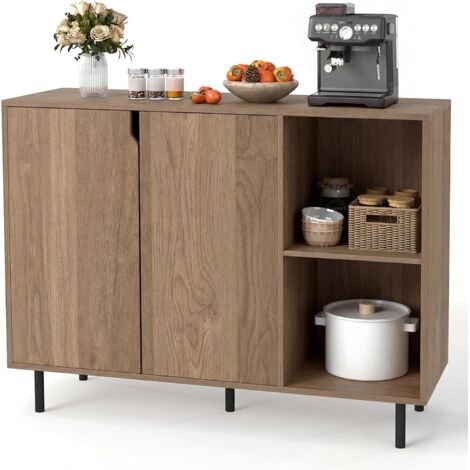 Buffet Cuisine, 2 Portes, Commode Blanc 2 Compartiments, Étagères Réglables, Kit Anti-basculement,Pour Salle à Manger, Entrée, Naturel (1/5)