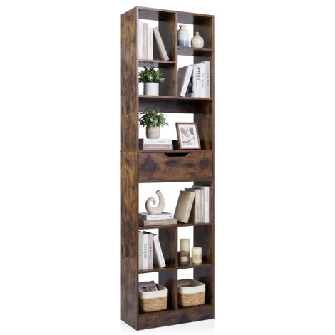 Bibliothèque Étagère à 10 Compartiments Ouverts, avec Tiroir, Dispositifs Anti-basculement, Style Industriel, pour Salon, Bureau, 50 x 24 x 180 cm (1/5)