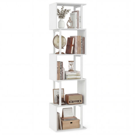 Bibliothèque à 5 Niveaux, Meuble de Rangement Ouvert Géométrique en Forme de S avec Cadre Métallique, Étagère à Livres, 38 x 23 x 147 cm, Blanc