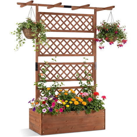 Jardinière avec Treillis en Bois, Jardiniere Exterieur Grande Taille avec Trous de Drainage, Bac à Fleurs Surélevé, 97 x 52 x 27 CM, Marron (1/5)