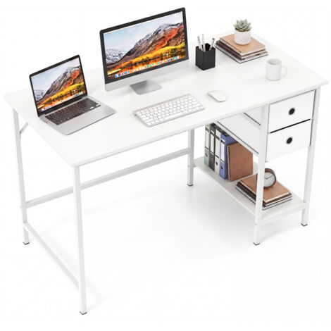 Bureau d'Ordinateur 60 x 120 cm, Table de Bureau avec 2 Tiroirs Étagère, Postes de Travail pour Chambre, Bureau, Blanc (1/5)