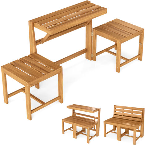 Salon de Jardin 3 en 1, Banc à 2 Places, Étagère Plantes, Table Rectangulaire et Chaises Extérieur en Bois d'Acacia, avec Dossiers Inclinés (1/5)