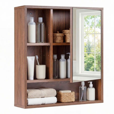 Armoire Murale Salle de Bain avec Miroir, 55 x 61 cm, Armoire de Toilette avec Étagère Réglable, 3 Compartiments Ouverts, Brun (1/5)