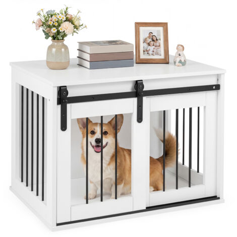 Cage pour Chien, Porte Coulissante, Boutons de Verrouillage Réglables, Cadre Métallique, pour Petits/Moyens, Charge 25 kg, Blanc (1/5)