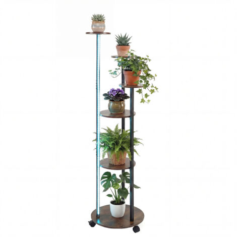 Support pour Plantes d'Intérieur à 6 Niveaux, Étagère d'Angle avec Roulettes Lumières LED 16 Couleurs Télécommande 7 Modes, Marron (1/5)