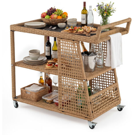 Chariot de Bar Extérieur en Rotin PE 3 Niveaux, Desserte de Jardin avec Plateau Large, 4 Roulettes Pratiques, Poignée Ergonomique, 98 x 54 x 92 cm