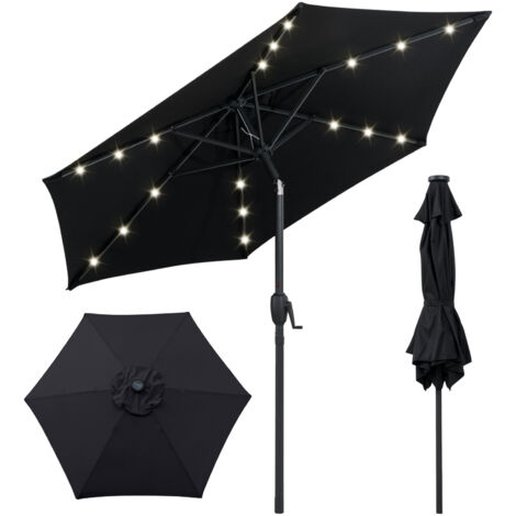 Parasol de Terrasse Solaire de 230 cm, avec Lumières LED, Inclinaison par Bouton-Poussoir, Manivelle, Auvent Ventilé, Noir (1/5)