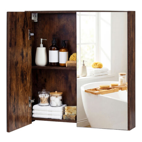Armoire Murale Salle de Bain avec Miroir, 62 x 65 cm, Meuble Salle de Bain, Placard à 2 Niveaux, Installation en Saillie ou Encastrée, Marron (1/5)