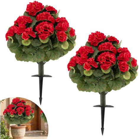 Lot de 2 Fleurs Artificielles Géraniums avec Piquets, 300 Feuilles 22 Fleurs Tronc PE Feuillage en Soie Vibrante, 33 x 57 cm, Rouge (1/5)