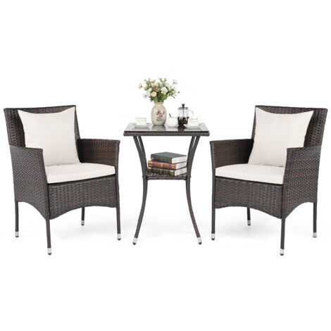 Salon de Jardin 3 PCS en Osier PE, 2 Chaises Rembourrées et 1 Table Basse en Verre Trempé à 2 Niveaux, pour Balcon Jardin (Marron+Blanc) (1/5)