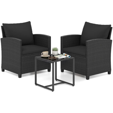 Salon de Jardin Exterieur 2 Personnes en Rotin PE, avec 2 Fauteuils à Coussins Amovibles&Table Basse à Plateau en Verre Trempé, Noir+Noir (1/5)