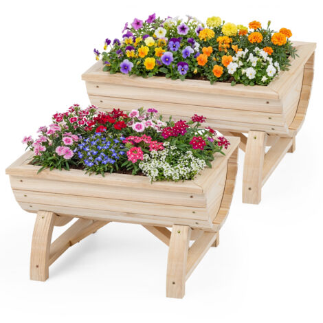 Lot de 2 Bac à Fleur en Bois de Sapin, Jardinières Surélevées sur Pieds avec Trou de Drainage, pour Légumes, Herbes, Fleurs, Naturel (1/5)