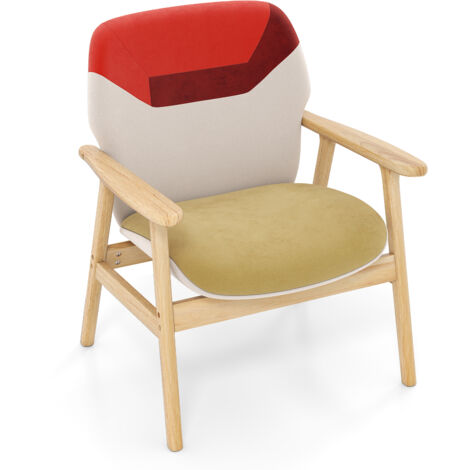 Fauteuil d'Appoint Moderne, Chaise Rembourrée avec Dossier Spacieux, Coussin d'Assise en Mousse, Cadre en Bois de Caoutchouc, Rouge+Beige (1/5)