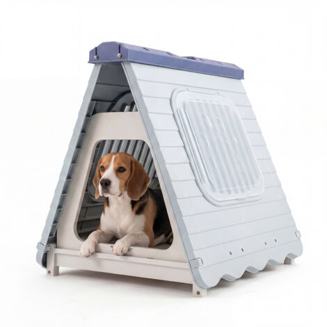 Niche pour Chien Exterieur Interieur en PP, Cabane Chien Exterieur Pliable, Porte à Rabat Verrouillable, pour Petits & Moyens, 72 x 60 x 68 cm, Bleu (1/5)
