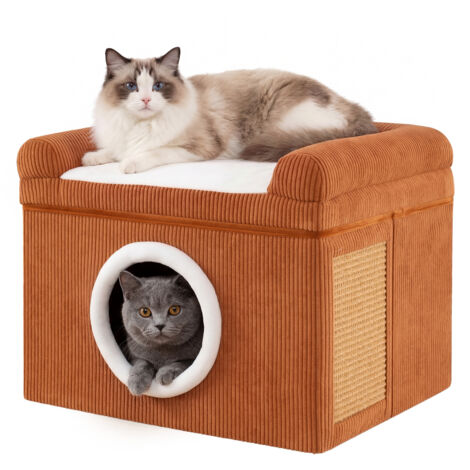 Maison pour Chat Pliable à 2 Niveaux, Condo, Tapis à Griffer en Sisal, Niche Chat Interieur, Coussin Doux, Charge 15 KG, 49 x 41 x 39 CM, Brun (1/5)