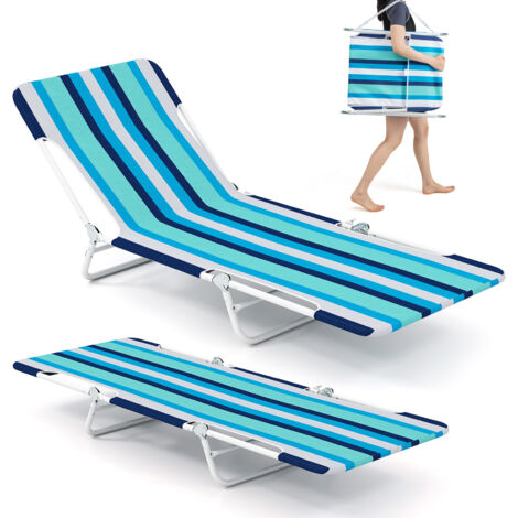 2 Pièces Chaise Longue Pliante d'Extérieur, Transat de Plage à 5 Positions avec Sangle de Transport & Structure Métallique, pour Camping, Bleu (1/5)