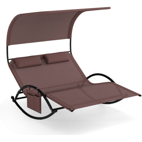 Transat à Bascule 2 Places avec Auvent Pare-Soleil, Charge 300 KG, Chaise Longue avec 2 Oreillers Amovibles pour 2 Personnes, Marron (1/5)