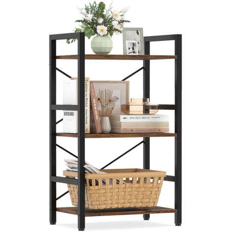 Bibliotheque à 3 Niveaux, Etagere Rangement sur Pied en Métal avec 3 Étagères Ouvertes, Patins Antidérapants & Réglables, 41,5 x 27,5 x 70,5 cm,Marron (1/5)
