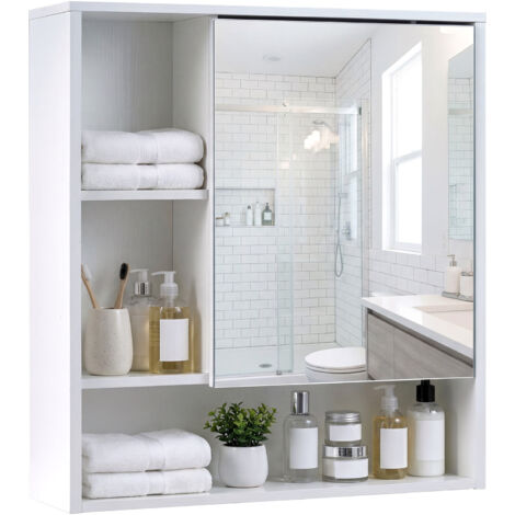 Armoire Murale de Salle de Bain avec Porte Miroir, Armoire à Pharmacie avec Porte et 3 Compartiments Ouverts, Armoire Suspendue, 16 x 56 x 61 cm,Blanc (1/5)