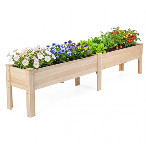 Jardinière avec 2 Zones de Culture, Bac à Fleur Surélevé en Bois de Sapin Plateaux Amovibles Séparation Trou de Drainage, 240 x 43,5 x 51,5CM, Naturel (1/5)