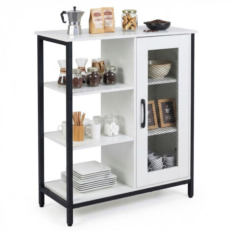 Buffet de Rangement avec Placard à Porte en Maille, Étagères Réglables, Cadre en Métal, Kits Anti-basculement, pour Salon, Cuisine, 70x30x81 cm, Blanc (1/5)