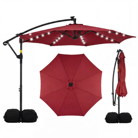 Parasol Déporté 3 x 3M, Parasol de Jardin Extérieur avec Lumière Solaire, Rotation 360°, 8 Baleines en Métal, Toit de Ventilation, 2 Sacs, Rouge (1/5)