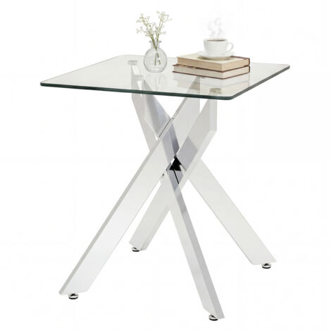 Table d'Appoint en Verre, Table d'Extrémité Carrée avec Plateau en Verre Trempé et Pieds Métalliques en X, Table de Chevet Moderne pour Petit Espace (1/5)