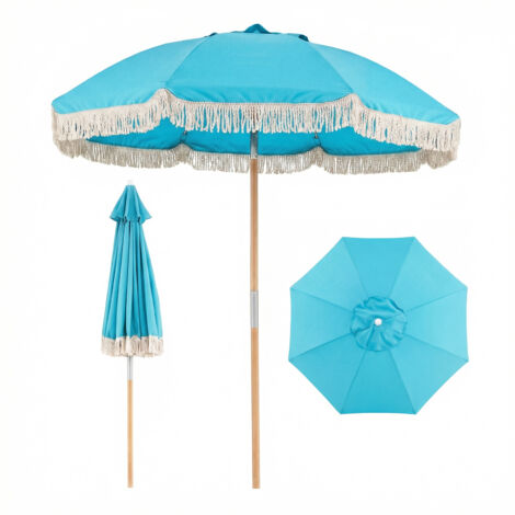 Parasol de Plage 180 cm, Parasol de Jardin Extérieur avec Franges,en Bois avec 8 Baleines Robustes, Inclinaison Réglable, Style Bohème, Bleu (1/5)