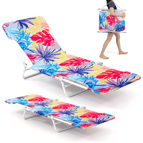 2 Pièces Chaise Longue Pliante d'Extérieur, Transat de Plage à 5 Positions avec Sangle de Transport & Structure Métallique, pour Camping, Rose (1/5)