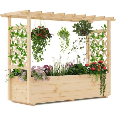Costway – Jardinière surélevée en bois massif avec 2 treillis latéraux – Toit suspendu – Système de drainage – 148,5 x 50 x 103,5 cm, naturel