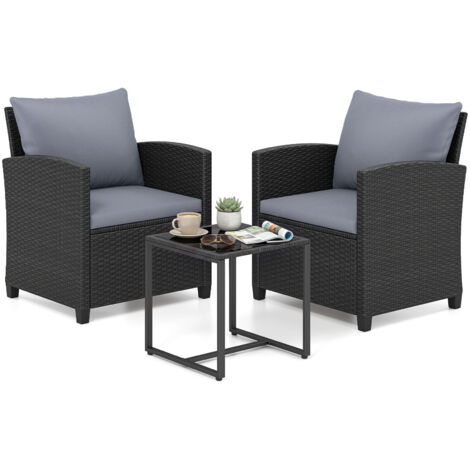 Salon de Jardin Exterieur 2 Personnes en Rotin PE, avec 2 Fauteuils à Coussins Amovibles&Table Basse à Plateau en Verre Trempé, Noir+Gris (1/5)