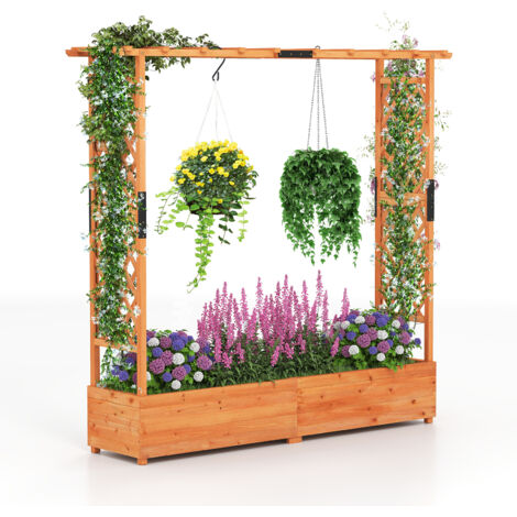 Jardinière Surélevée avec Treillis et Toit Suspendu, Jardinière Exterieur Grande Taille en Bois avec Trou Drainage pour Plante Grimpante, Marron (1/5)