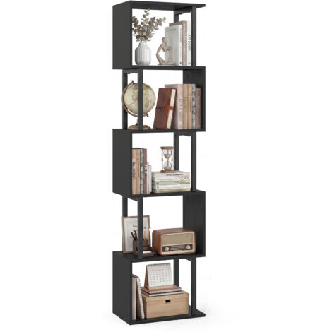 Bibliothèque à 5 Niveaux, Meuble de Rangement Ouvert Géométrique en Forme de S avec Cadre Métallique, Étagère à Livres, 38 x 23 x 147 cm, Noir