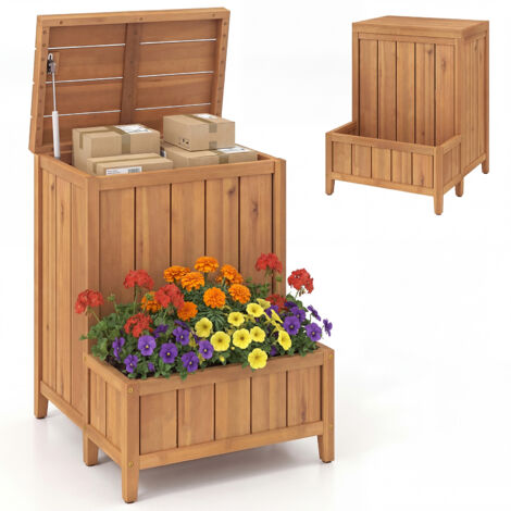 Boîte de Jardin Rangement avec Jardinière, Abri de Jardin 2 en 1 en Bois d'Acacia avec Couvercle Relevable Pieds Surélevés, pour Porche Cour, Naturel (1/5)