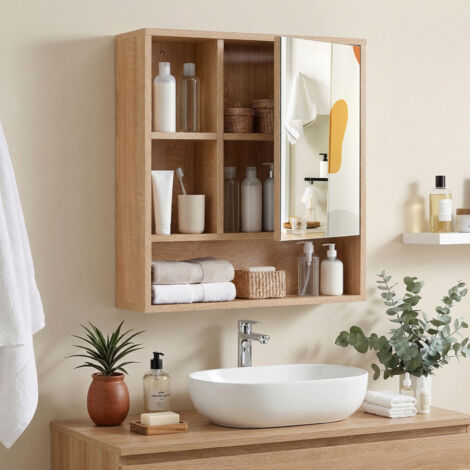 Armoire Murale Salle de Bain avec Miroir, 55 x 61 cm, Armoire de Toilette avec Étagère Réglable, 3 Compartiments Ouverts, Naturel