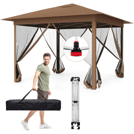 Tonnelle Pliante 3x3 m, Tonnelle de Jardin Exterieur Imperméable, UV 50+, Réglable en Hauteur, Barnum avec Moustiquaire, Cadre en Acier, Marron (1/5)