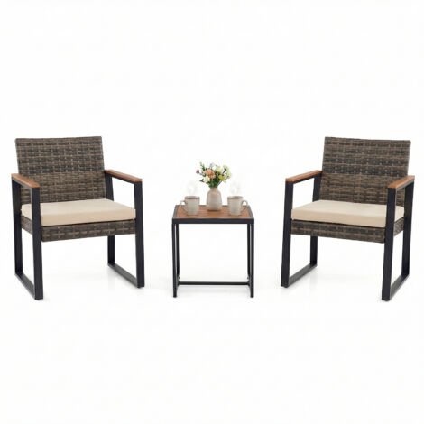 Salon de Jardin Exterieur 2 Personnes, 2 Fauteuils en Rotin PE&Acier avec Table Basse à Plateau en Bois Composite, pour Balcon, Terrasse, Beige (1/5)
