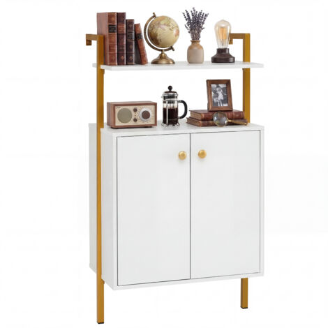 Armoire Murale 4 Niveaux avec 2 Portes, 2 Étagères Ouvertes, Cadre Métal, Loquet Magnétique et Boutons Ronds, pour Salon, Chambre, Blanc (1/5)