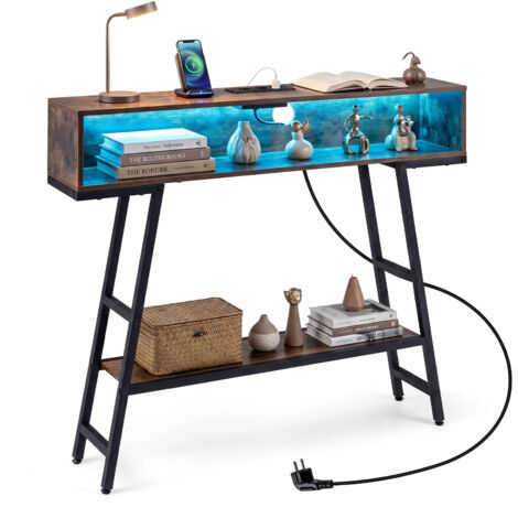 Console Entrée 3 Niveaux avec LED & Station de Recharge, Table Console pour Salon, Couloir, Hall, Rangement 100×20×86,5 cm, Marron (1/5)
