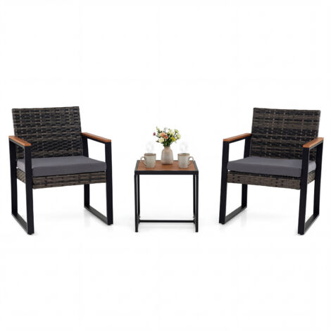 Salon de Jardin Exterieur 2 Personnes, 2 Fauteuils en Rotin PE&Acier avec Table Basse à Plateau en Bois Composite, pour Balcon, Terrasse, Gris (1/5)