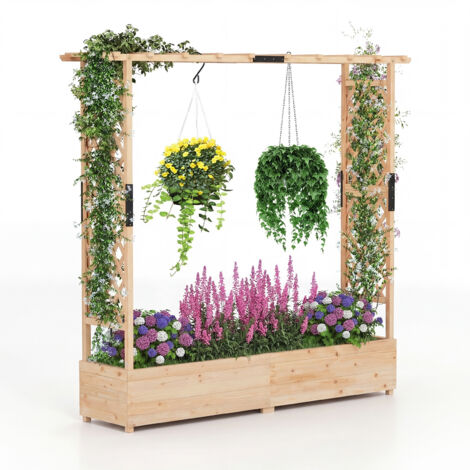 Jardinière Surélevée avec Treillis et Toit Suspendu, Jardinière Exterieur Grande Taille en Bois avec Trou Drainage pour Plante Grimpante, Naturel (1/5)